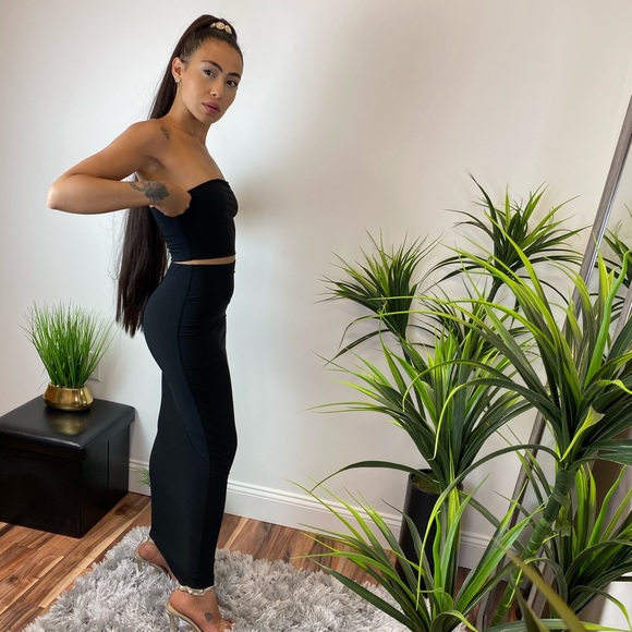 ‼️ Black Maxi Pencil Skirt Strapless Crop Top Set - Picture 6 of 8